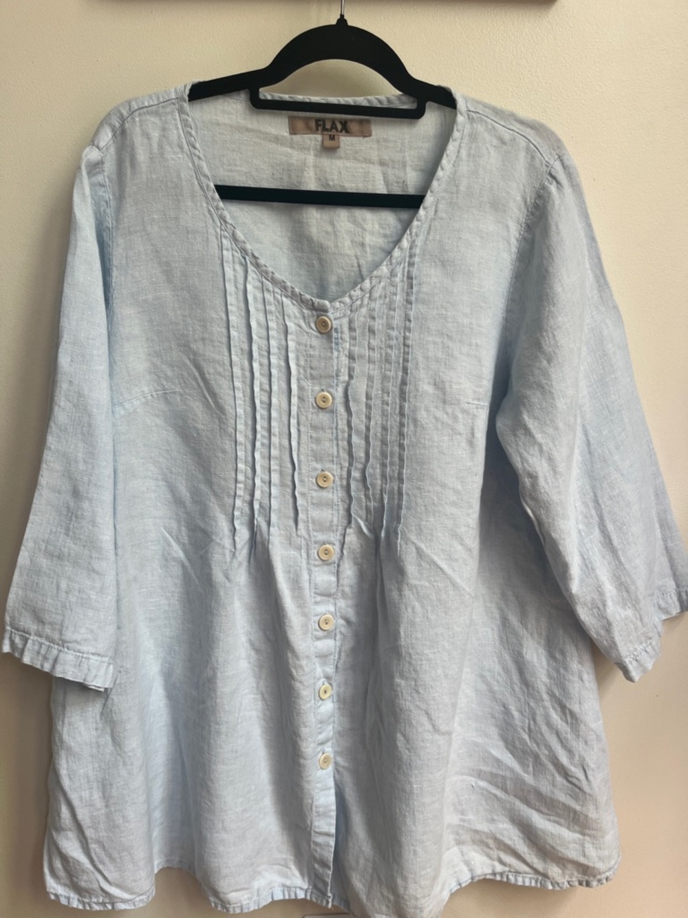 Flax Pale Blue Linen Button-Front Blouse/Tunic with Pockets